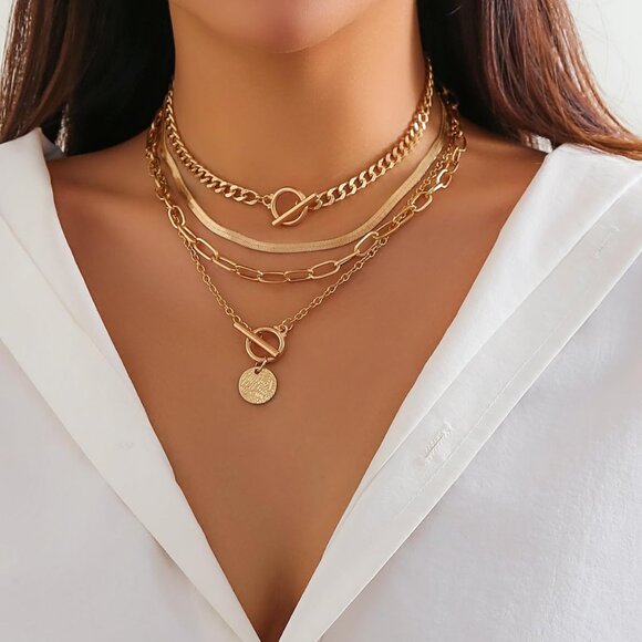 Gold Layered Stack Necklace Set for Women, Retro Thick Cuban Chain Coin Medallio - Picture 2 of 7